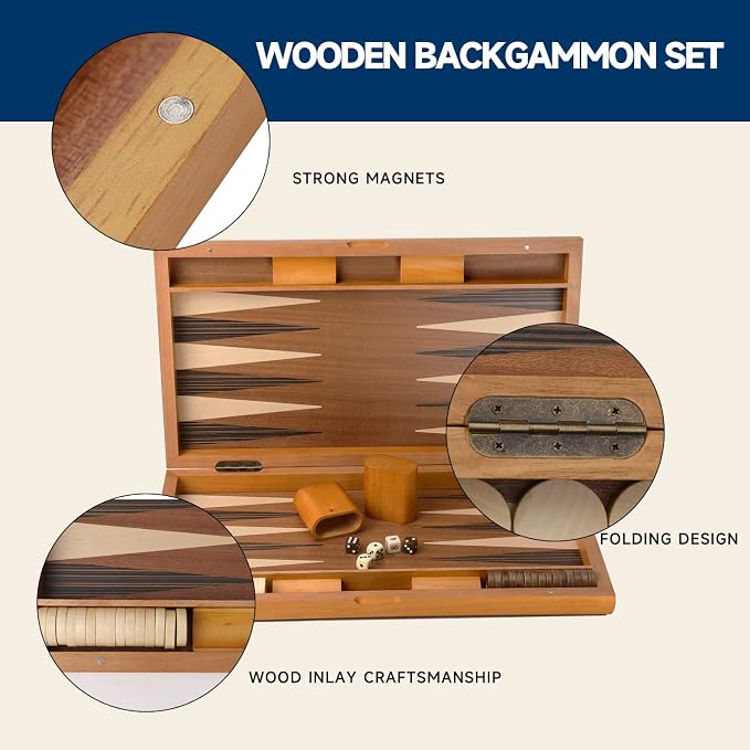 GSE Games & Sports Expert Premium Wooden Folding Inlay Backgammon Board Game Set - Image 3