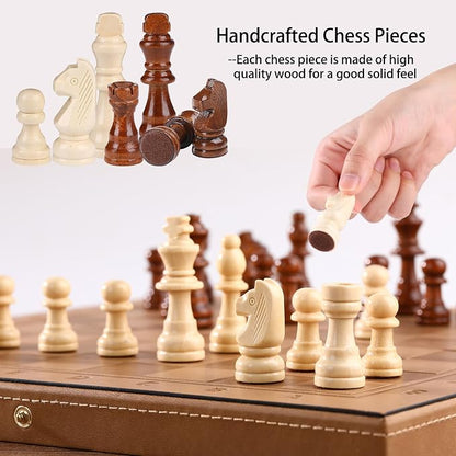 15" Magnetic Chess Set & Checkers Set 2 in 1，Rinten Leather Portable Travel - Image 5