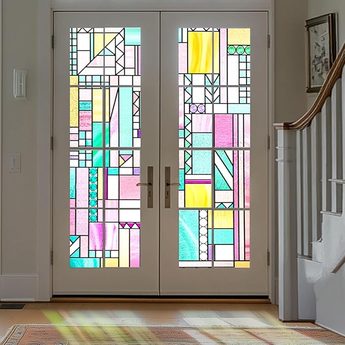 3D Stained Glass Window Privacy Film, Heat Control UV Blocking Static Cling by OHTMERU
