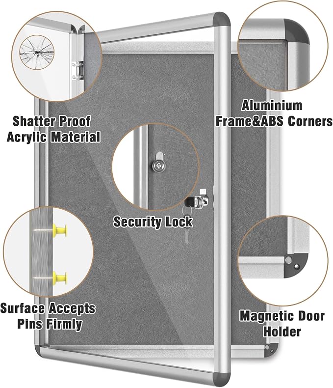 26"x20" Enclosed Bulletin Board, Lockable Weather-Resistant Aluminum Cork - Image 3