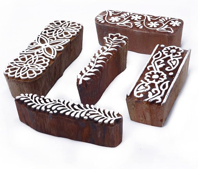 Wooden Stamps for Block Printing | Set of 5 | Border Shaped Wooden Finger Stamps by Hashcart