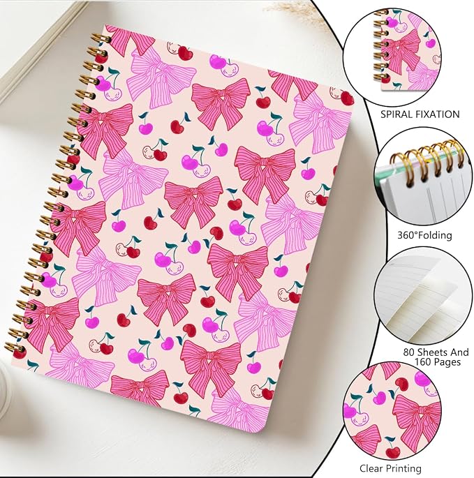 2 PCs Coquette Pink Bows Cherry Journaling Notebooks Trendy Preppy Spiral - Image 5