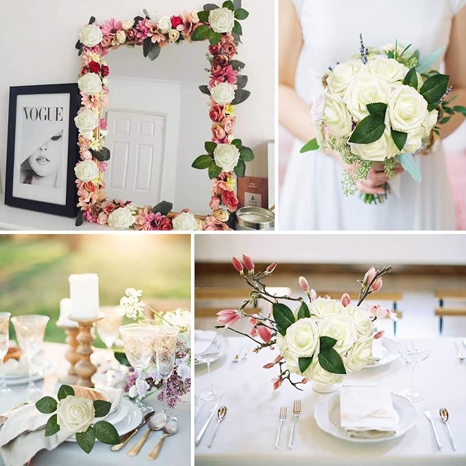 AmyHomie Artificial Flower Ivory Rose 25pcs Real Looking Fake Roses w/Stem - Image 5