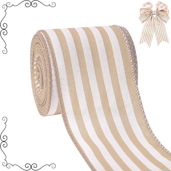 Burlap Ribbon Wired, Farmhouse Rustic White Stripe Ribbon by Unknown