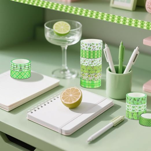 12 Rolls Greenery Washi Tape, Martini Bow Lemon Masking Tape, Checkered Martini - Image 7
