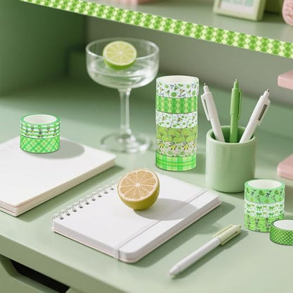 12 Rolls Greenery Washi Tape, Martini Bow Lemon Masking Tape, Checkered Martini - Image 7