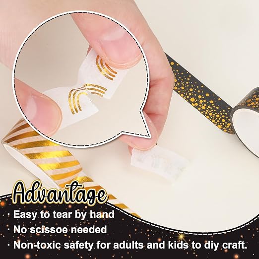 Whaline 12 Rolls Gold Foil Pattern Washi Tape Heart Dot Stripe Rainbow Masking - Image 3