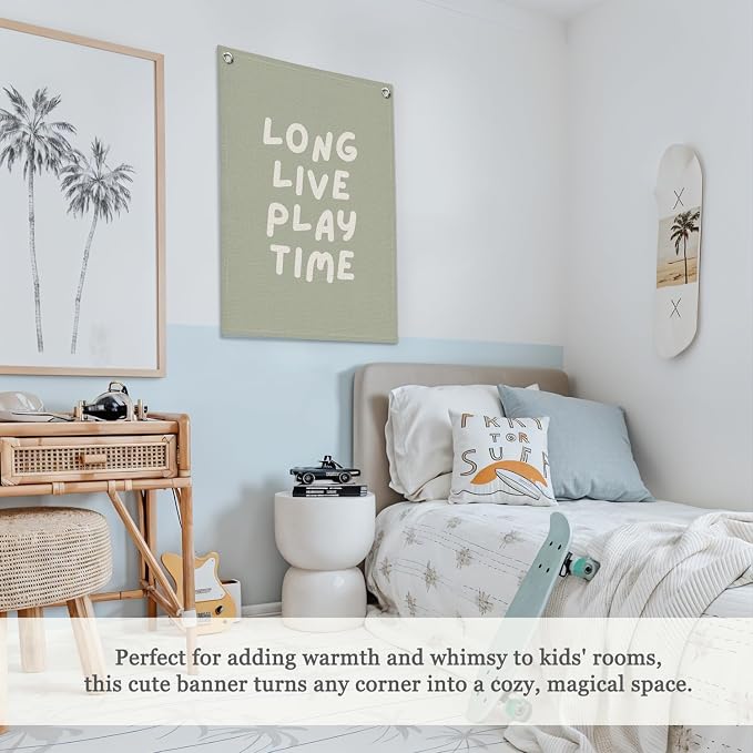Playroom Decor, Long Live Playtime Wall Hanging Linen Banner, Sage Green - Image 4