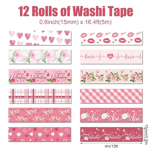 12 Rolls Pink Heart Washi Tape Set, Valentine's Day Love Heart Masking Tape - Image 2
