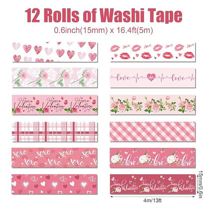 12 Rolls Pink Heart Washi Tape Set, Valentine's Day Love Heart Masking Tape - Image 2