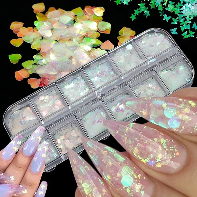 24 Grids Holographic Nail Sequins and 1 Pcs Tweezers, Iridescent Mermaid Flakes - Image 3