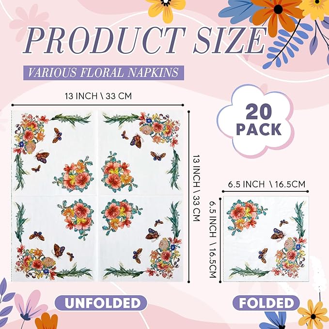 Crtiin 20 Pack Assorted Floral Napkins - Image 3