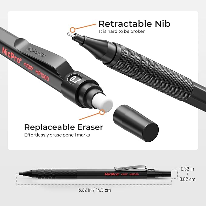Nicpro Black Art Mechanical Pencil Set, 0.9 mm & 2mm Graphite Lead Holder - Image 3