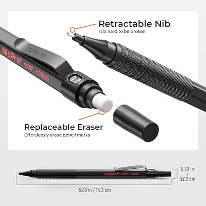 Nicpro Black Art Mechanical Pencil Set, 0.9 mm & 2mm Graphite Lead Holder - Image 3