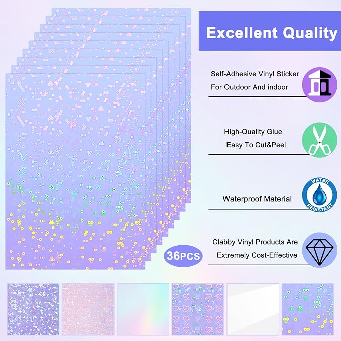 Clabby 36 Sheets Holographic Sticker Paper A4 Vinyl Sticker Paper Self Adhesive - Image 5