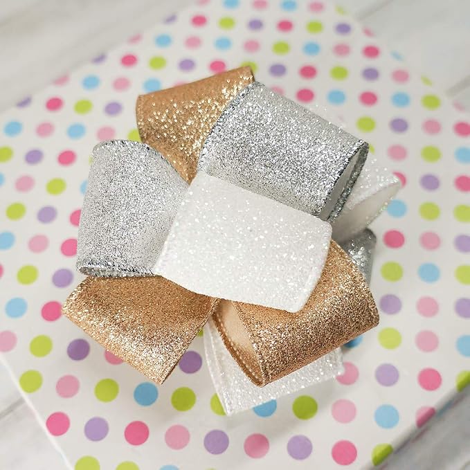 CT CRAFT LLC Glitter Wired Ribbon 1.5" x 10 Yards White - Image 5