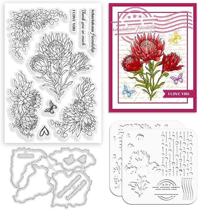 ORIGACH Realistic Protea Cynaroides Flower Layering Stencil Stamp and Die Set by ORIGACH