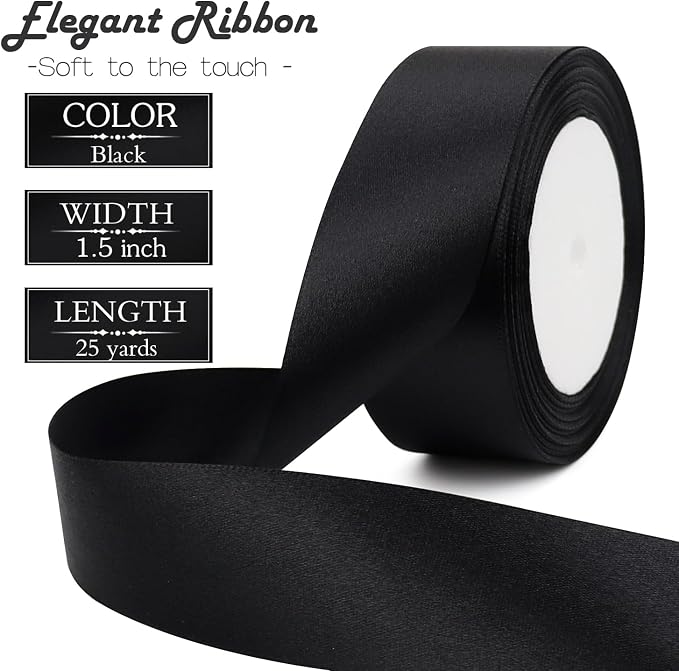 Black Solid Satin Ribbon 1-1/2 Inch 25 Yards Solid Polyester Fabric Ribbon - Image 2