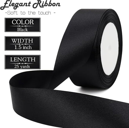 Black Solid Satin Ribbon 1-1/2 Inch 25 Yards Solid Polyester Fabric Ribbon - Image 2