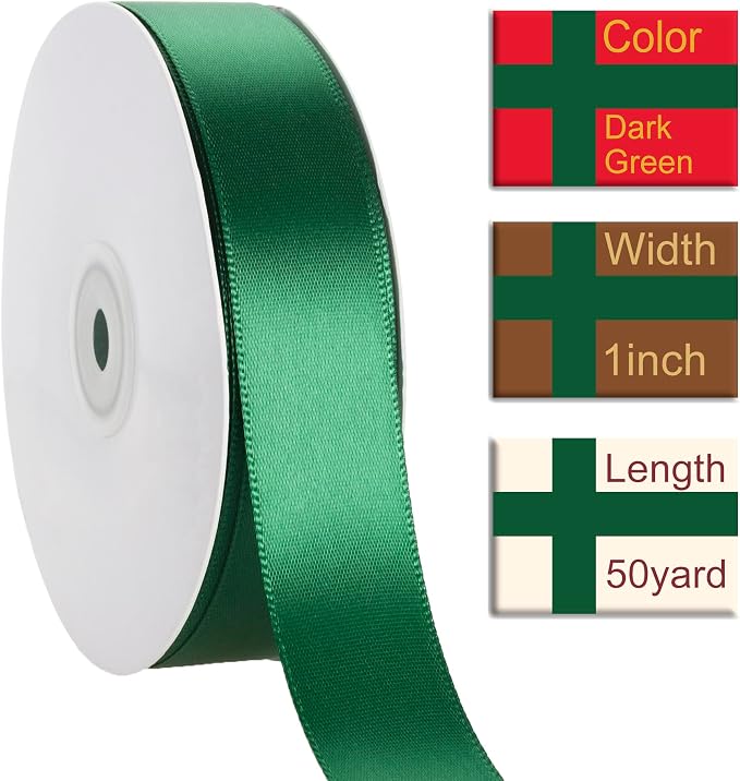 1 Inch Dark Green Ribbon, 50 Yards Craft Polyester Satin Ribbon Perfect - Image 2