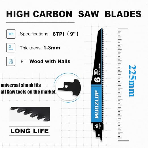 5 Pack 9 inch Reciprocating Saw Blades Set， 6 TPI High Carbon Saw Blades - Image 2