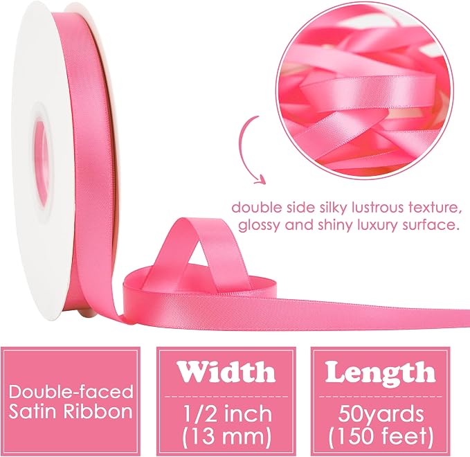 HUIHUANG Hot Pink Satin Ribbon 1/2 inch X 50 Yards Continuous, Double-Faced - Image 2