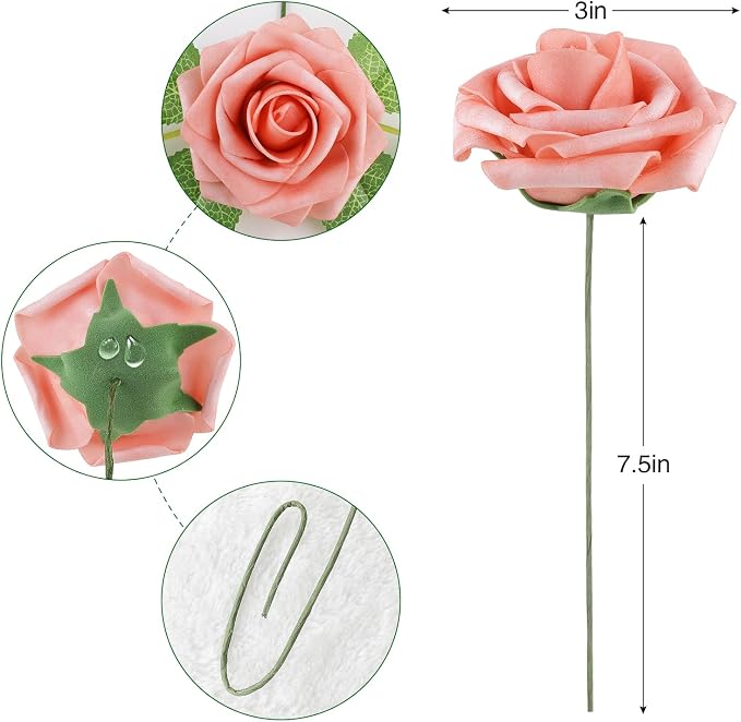 AmyHomie 25pcs Real Looking Artificial Shades of Blush Roses w/Stem - Image 6