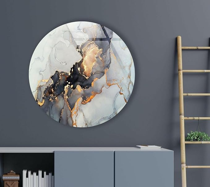 My Photostation.com 15.8'' Diameter Gold Details Gray Marble Round Glass Wall - Image 6