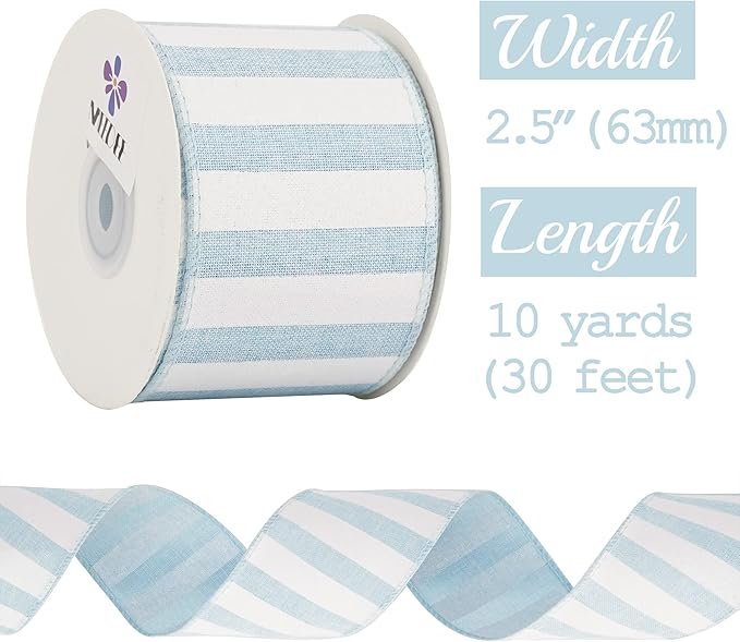 MEEDEE Blue White Stripe Ribbon 2.5 Inch Light Blue Wired Ribbon - Image 2