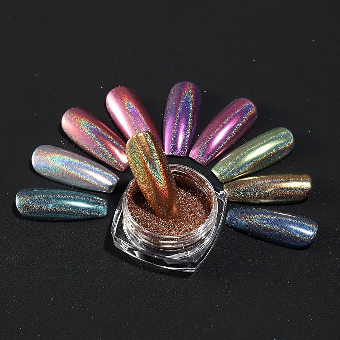 10 Colors Holographic Nail Powder, Holo Aurora Iridescent Metallic Mirror Laser - Image 4