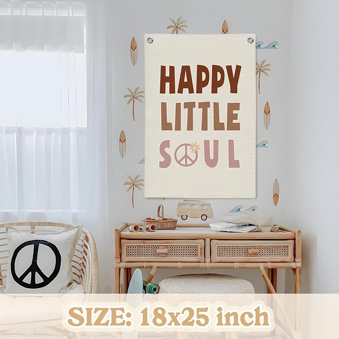Nursery Wall Decor, Kids Room Decor, Happy Little Soul Linen Canvas Banner - Image 2