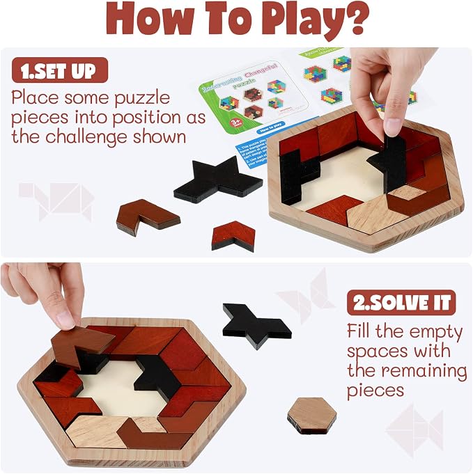Yunsailing 3 Pack Hexagon Wooden Puzzle Wood Russian Blocks Tangram Puzzle - Image 5