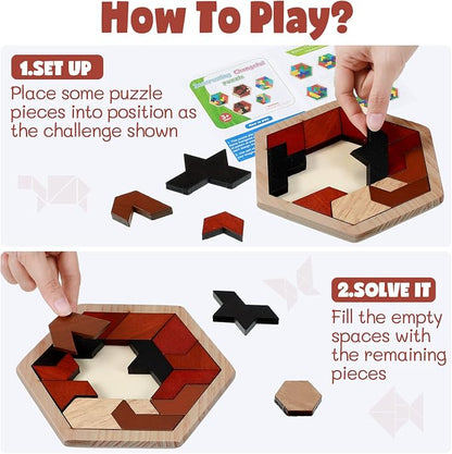 Yunsailing 3 Pack Hexagon Wooden Puzzle Wood Russian Blocks Tangram Puzzle - Image 5