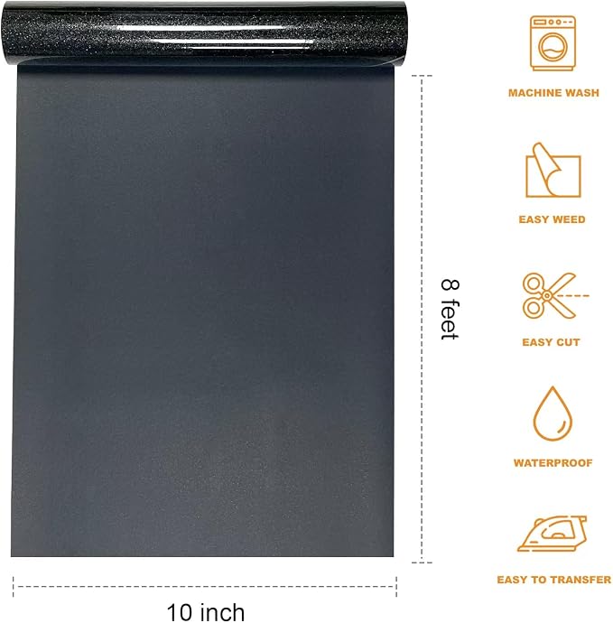 Black Glitter HTV Heat Transfer Vinyl Rolls- 10" x 8ft. Glitter HTV Black - Image 2