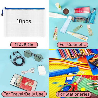 AUSTARK 10 Pcs Zipper File Bags, Waterproof Plastic Mesh Pouch - Image 7