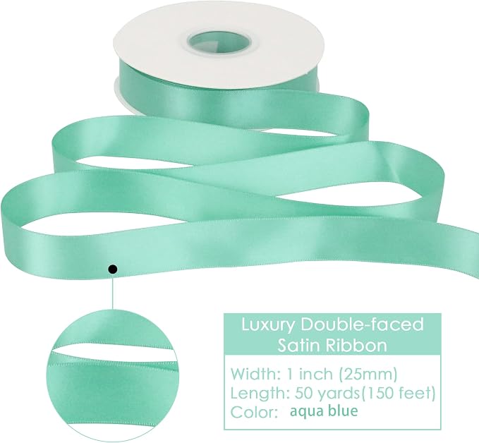 HUIHUANG Satin Ribbon 1 inch Aqua Blue Ribbon 50 Yards Aqua Blue Double Face - Image 2