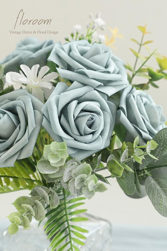 Floroom Artificial Flowers 25pcs Real Looking Dusty Blue Foam Fake Roses - Image 3