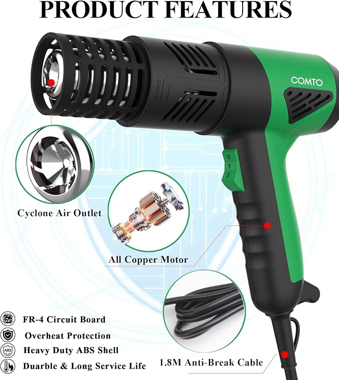 1800W Heat Gun with LCD Digital Display, Variable Temperature Control - Image 6