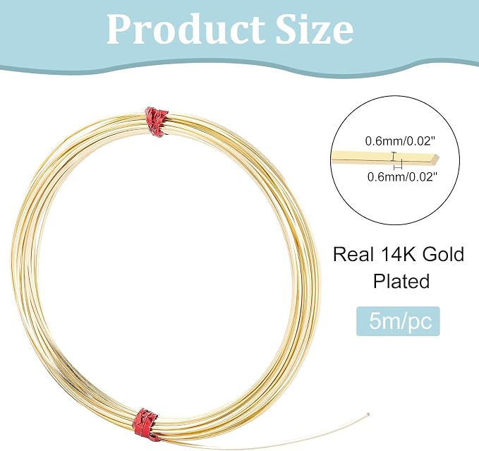BENECREAT 22Gague 16.4 Feet Real 14K Gold Plated Square Brass Wire, Light Gold - Image 2
