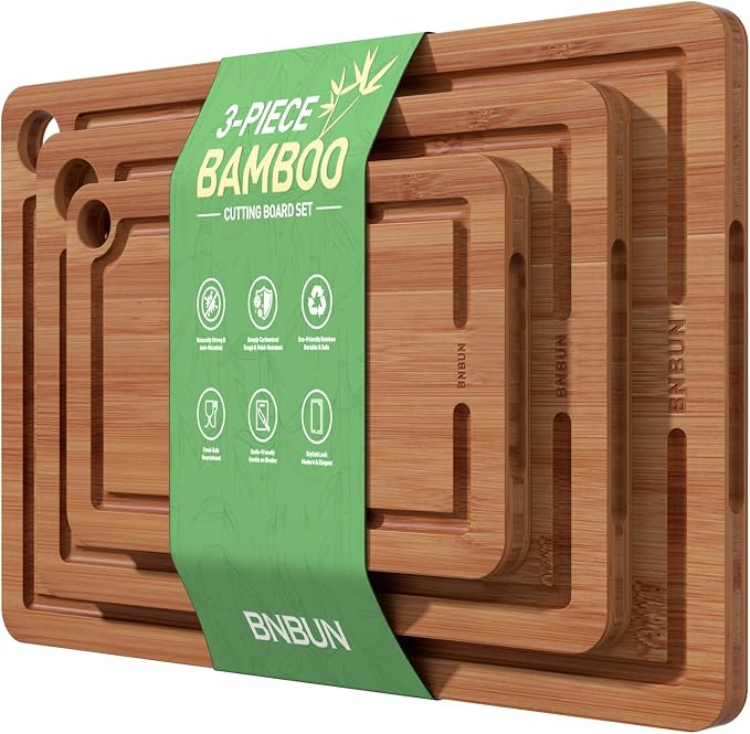 Bamboo Cutting Board for Kitchen, Wooden Cutting Board 3-Piece Set by BambooCuttingBoard