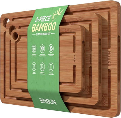 Bamboo Cutting Board for Kitchen, Wooden Cutting Board 3-Piece Set by BambooCuttingBoard
