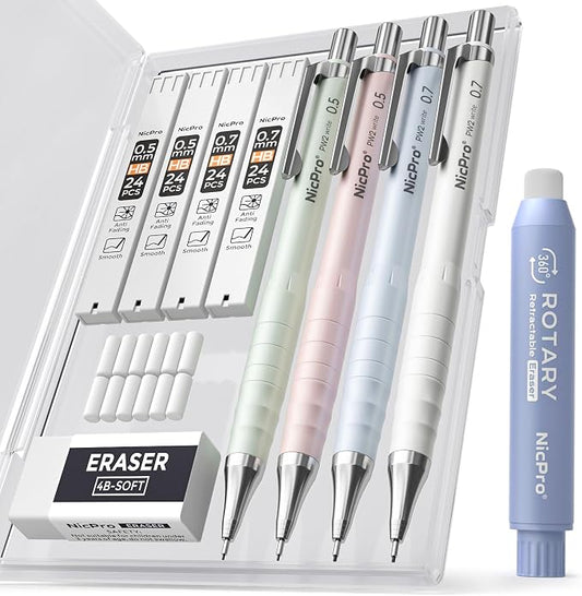 Nicpro Cute Mechanical Pencil Set, 4B Erasers, Rotary Retractable Eraser by Nicpro