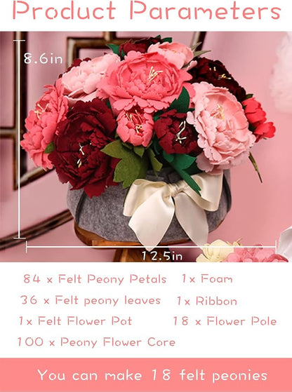 BAZIMA DIY Felt Flower Art Craft Kit, DIY Felt Peony Pot Bonsai Kit, 18 Peonies - Image 3