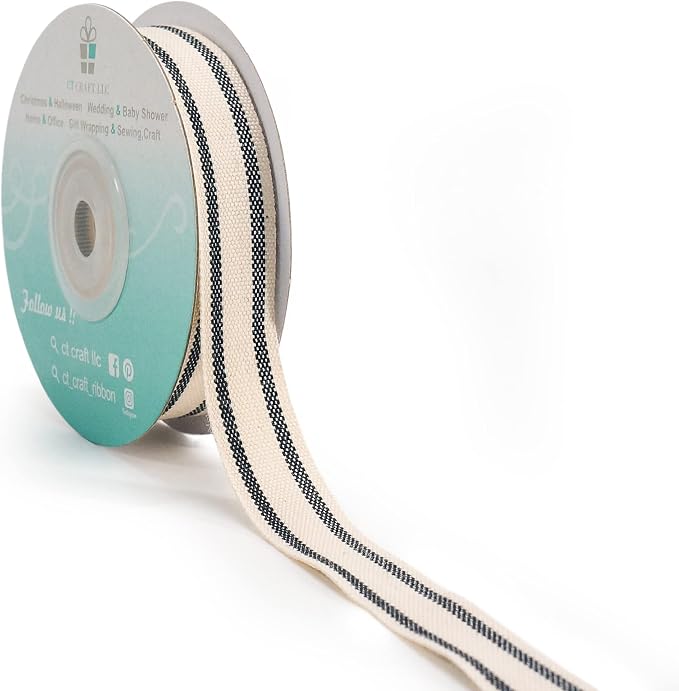 CT CRAFT LLC Ivory Cotton Black Stripes Ribbon 5/8" x 10 Yards by CTCRAFTLLC