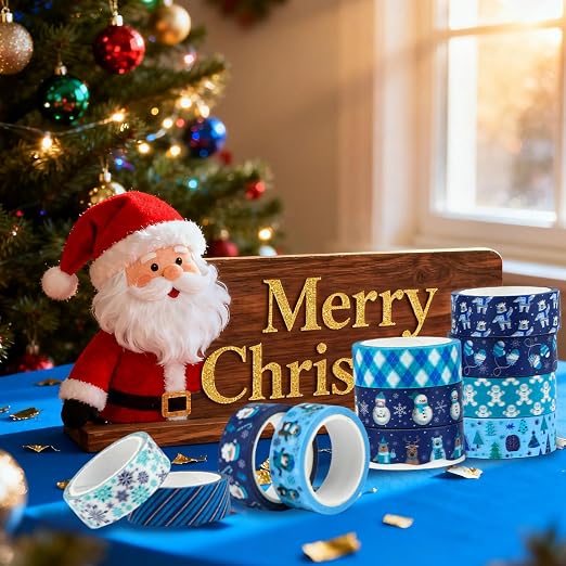 12 Rolls Winter Washi Tape Set Blue White Snowflake Snowman Holiday Masking - Image 3