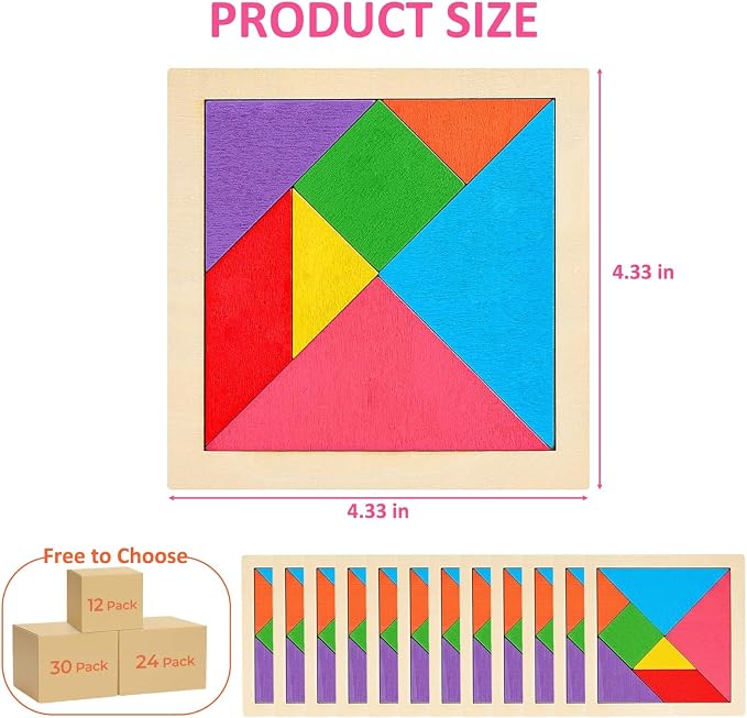 30 Pack Tangram Puzzle Wooden Kids Party Favors, Goodie Bags Stuffers - Image 3