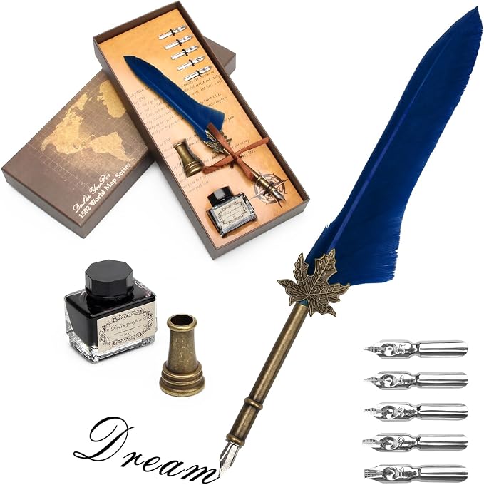AHIER Quill Pen and Ink Set, Feather Pen Quill Pen Set Includes 5 Steel by Ahier