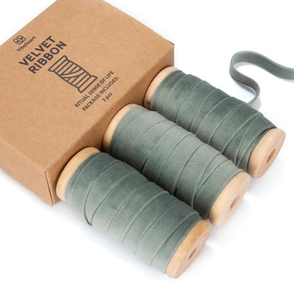 Vitalizart Dusty Green Velvet Ribbon Set 3/8" x 15 Yd Wooden Spool Fabric Trim by Vitalizart