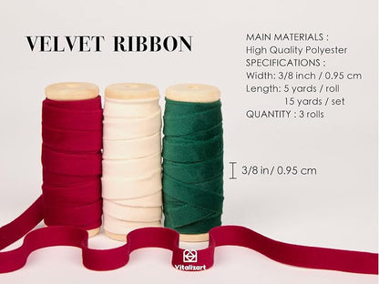Vitalizart Christmas Velvet Ribbon 3/8" x 15 Yd Wooden Spool Fabric Trim 3 - Image 2