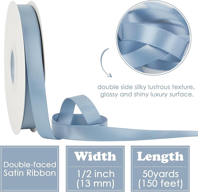 HUIHUANG French Blue Satin Ribbon 1/2 inch X 50 Yards Continuous, Dusty Blue - Image 2